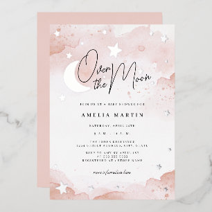Invitación Con Relieve Metalizado Rubor Plateado Sobre la Luna Baby Shower