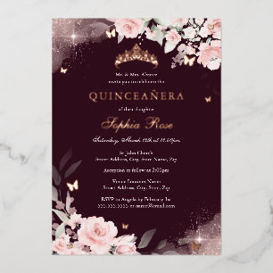 Invitación Con Relieve Metalizado Rubor Rosa Burdeos Mariposa Quinceañera