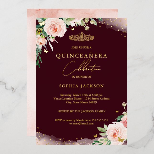 Invitación Con Relieve Metalizado Rubor rosa Burgundy Floral Quinceanera Cumpleaños (Anverso/Reverso)
