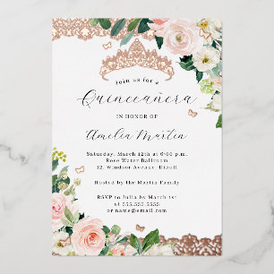 Invitación Con Relieve Metalizado Rubor Rosa Dorado Encaje Floral Quinceañera