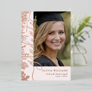 Invitación Con Relieve Metalizado Rubor Rosa Dorado Floral Foto Graduada Graduación