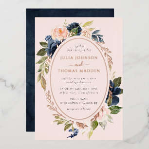 Invitación Con Relieve Metalizado Rubor Rosa Dorado Follaje Floral Nupcial Navy 
