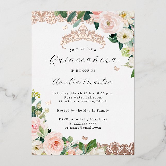 Invitación Con Relieve Metalizado Rubor Rosa Gold Floral Lace Quinceanera (Anverso)