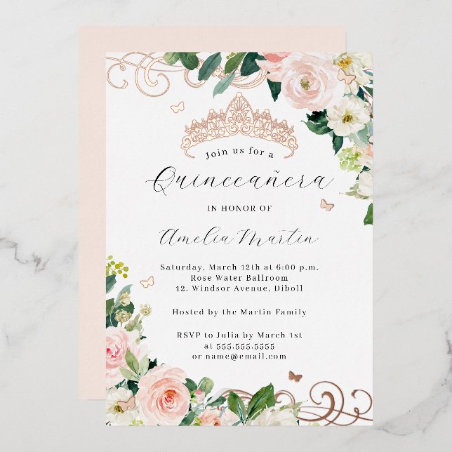 Invitación Con Relieve Metalizado Rubor Rosa Gold Floral Swirl Quinceanera (Anverso/Reverso)