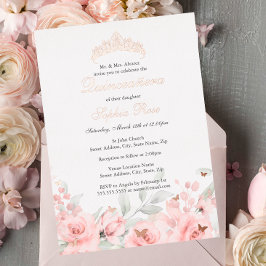 Invitación Con Relieve Metalizado Rubor Rosa Gold Tiara Quinceanera