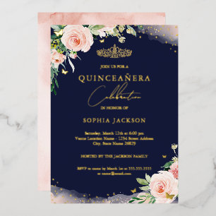 Invitación Con Relieve Metalizado Rubor Rosa Naval Floral Quinceañera Cumpleaños
