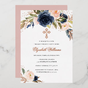 Invitación Con Relieve Metalizado Rubor Rosa Oro Marino Floral Bautizo de Niña