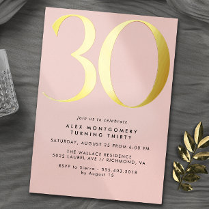 Invitación Con Relieve Metalizado Rubor Rosa y Oro   Cumpleaños Moderno Femenino 30