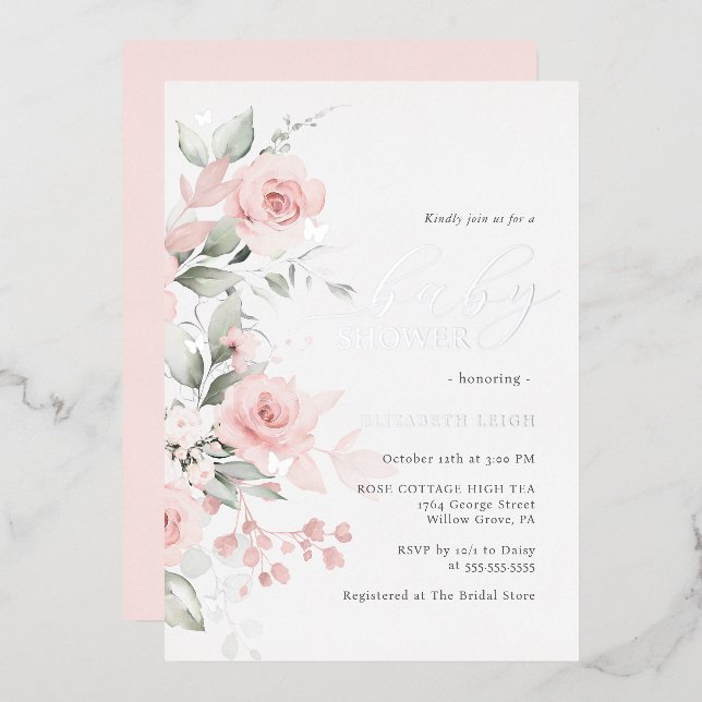 Invitación Con Relieve Metalizado Rubor Silver Floral Butterfly Baby Shower (Anverso/Reverso)