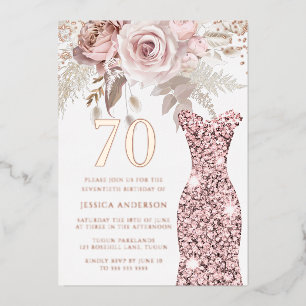 Invitación Con Relieve Metalizado Rubor Vestido Fabuloso 70 cumpleaños Rosa de oro
