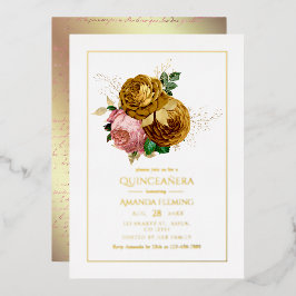 Invitación Con Relieve Metalizado Rubor vintage y Quinceañera floral de oro