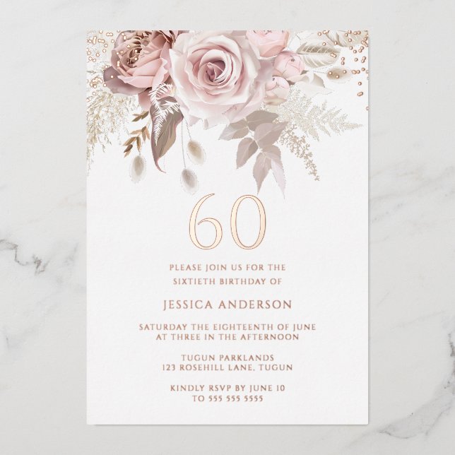 Invitación Con Relieve Metalizado Rubor y Dusty Rosa 60th Birthday Party Rosa Gold (Anverso)