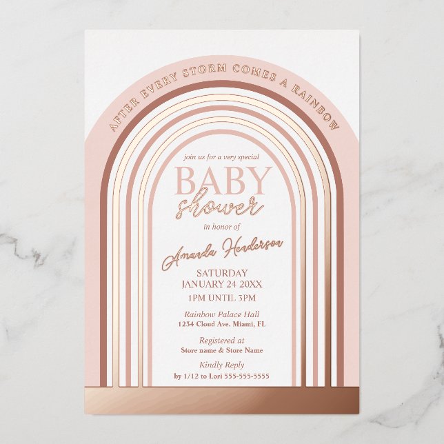 Invitación Con Relieve Metalizado Rubor y el Rosa Gold Rainbow Baby Baby Shower (Anverso)