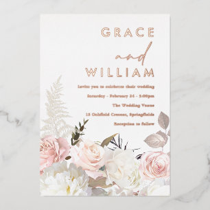 Invitación Con Relieve Metalizado Rubor y Flores Blancas Rosa Boda moderno oro