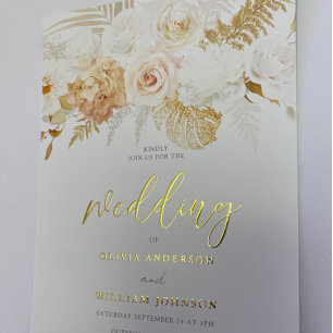 Invitación Con Relieve Metalizado Rubor y Golden Floral Boda Gold
