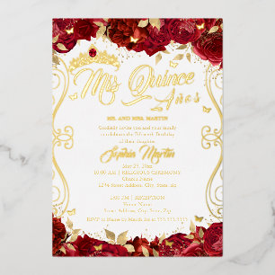 Invitación Con Relieve Metalizado Ruby Floral Garden Scroll Quince Quinceanera