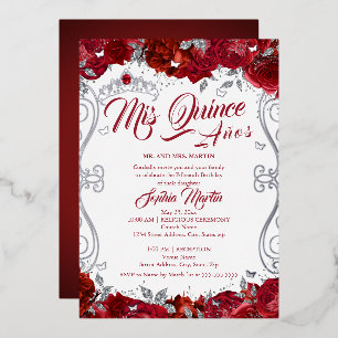 Invitación Con Relieve Metalizado Ruby Plata Rojo Mis Quince Quinceanera