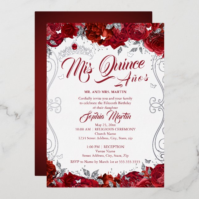Invitación Con Relieve Metalizado Ruby Plata Rojo Mis Quince Quinceanera (Anverso/Reverso)