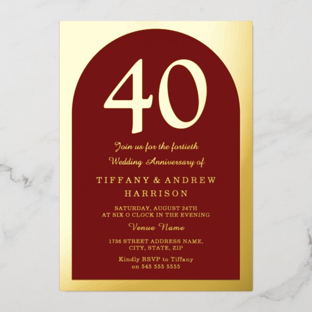 Invitación Con Relieve Metalizado Ruby Red Burgundy 40 Aniversario del Oro del Boda (Anverso)