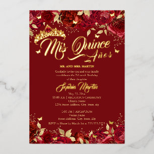 Invitación Con Relieve Metalizado Ruby Red Gold Rosa Mis Quince Quinceanera