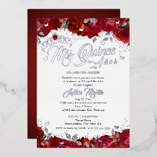 Invitación Con Relieve Metalizado Ruby Rosa Mis Quince Red Silver Quinceanera