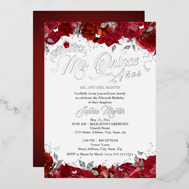 Invitación Con Relieve Metalizado Ruby Rosa Mis Quince Red Silver Quinceanera (Anverso/Reverso)