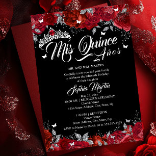 Invitación Con Relieve Metalizado Ruby Rose Mis Quince Rojo Plata Negro Quinceañera
