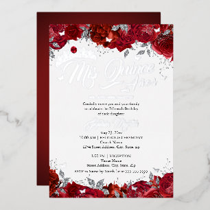 Invitación Con Relieve Metalizado Ruby Rose Mis Quince Rojo Quinceañera Plata