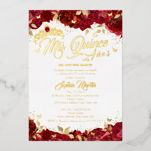 Invitación Con Relieve Metalizado Ruby Rose Red Mis Quince Quinceañera Dorada 