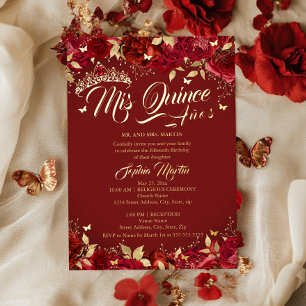 Invitación Con Relieve Metalizado Ruby Rose Roja Mis Quince Quinceañera