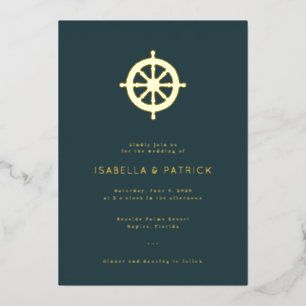 Invitación Con Relieve Metalizado Rueda Náutica de Elegante Azul Marino