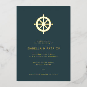 Invitación Con Relieve Metalizado Rueda Náutica de Navy Elegante