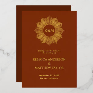 Invitación Con Relieve Metalizado Rust Boho Celestial Sun Monograma Guardar fecha