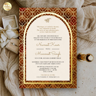 Invitación Con Relieve Metalizado Rust Patrón marroquí Sikh Arco Boda Oro