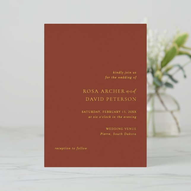 Invitación Con Relieve Metalizado Rustic Copper Editorial Modern Wedding (Anverso de pie)