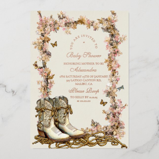 Invitación Con Relieve Metalizado Rustic Cowgirl Boots Baby Shower (Anverso)