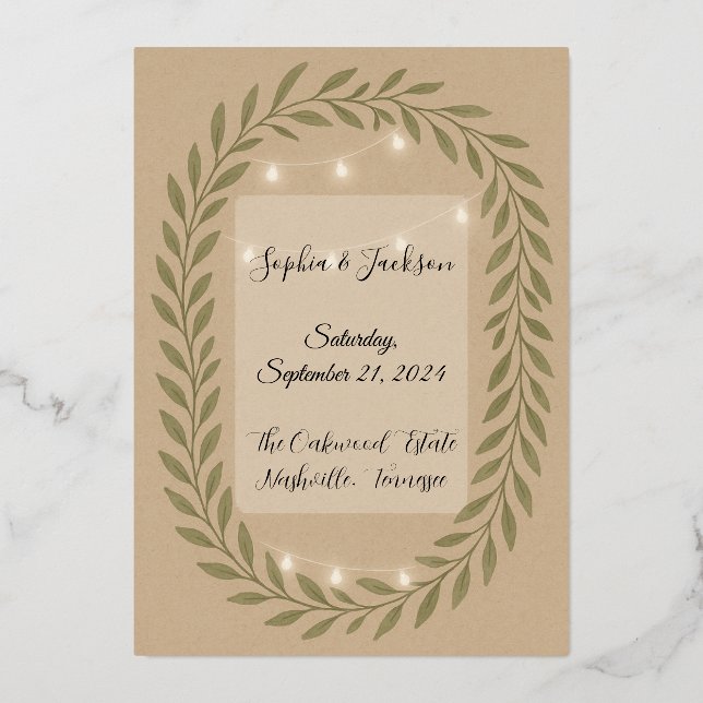 Invitación Con Relieve Metalizado Rustic Olive Green Wedding Invitation with String  (Anverso)