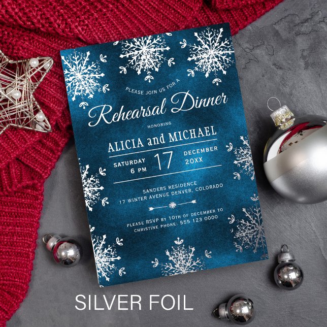 Invitación Con Relieve Metalizado Rustic winter silver snowflakes rehearsal dinner (Subido por el creador)