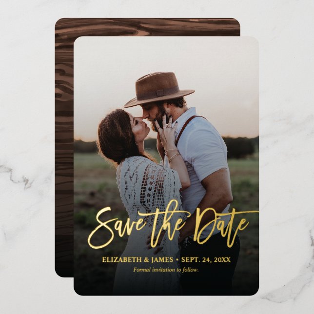 Invitación Con Relieve Metalizado Rústica del guión dorado Guardar el Boda de fechas (Anverso/Reverso)
