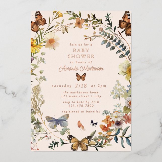 Invitación Con Relieve Metalizado Rústica Floral Mariposa Sexo Neutral Baby Shower (Anverso)