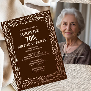Invitación Con Relieve Metalizado Rústica Floral Marrón 70 cumpleaños sorpresa Perso