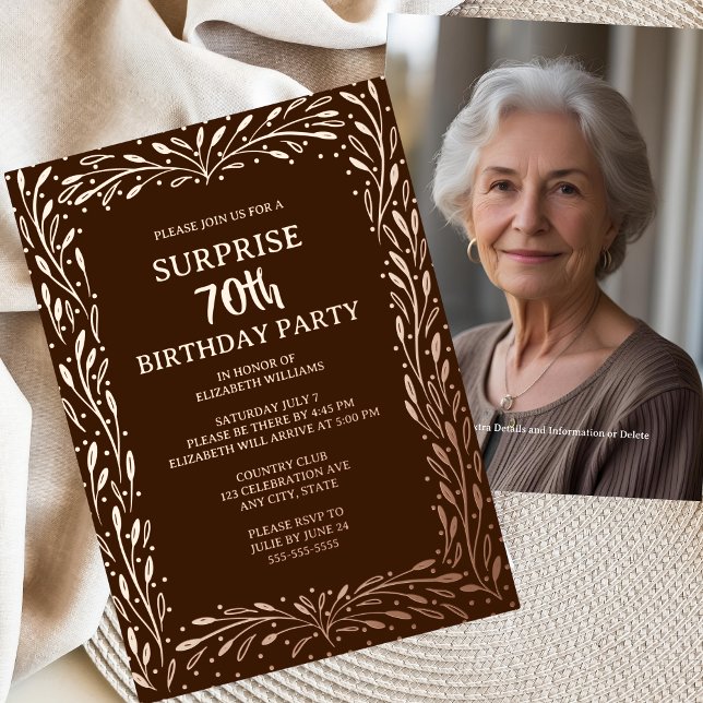 Invitación Con Relieve Metalizado Rústica Floral Marrón 70 cumpleaños sorpresa Perso (Subido por el creador)