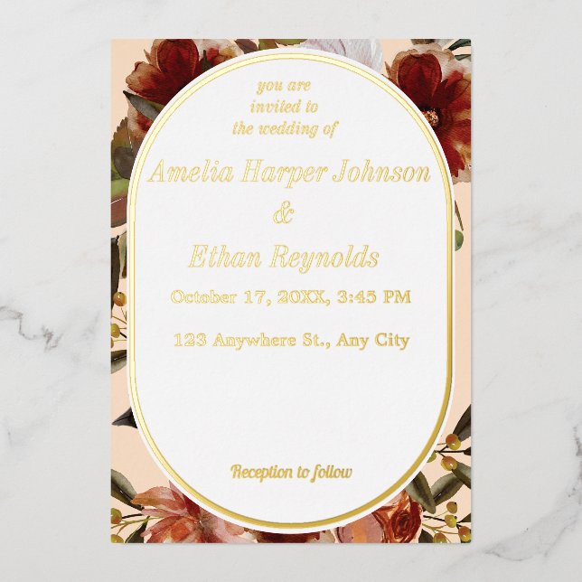 Invitación Con Relieve Metalizado Rústica floral neutra moderna boda (Anverso)