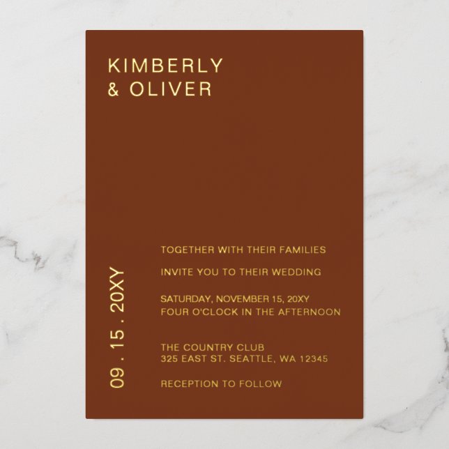 Invitación Con Relieve Metalizado Rústica Terracota quemada Naranja Boda moderno (Anverso)