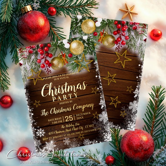 Invitación Con Relieve Metalizado Rústico Berries Gold Baubles Stars Navidades Fiest (Subido por el creador)