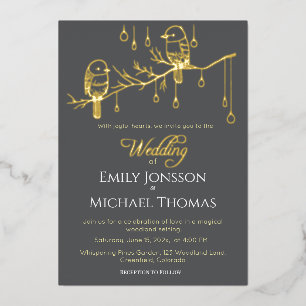 Invitación Con Relieve Metalizado Rústico Boda romántico de los pájaros de los bosqu