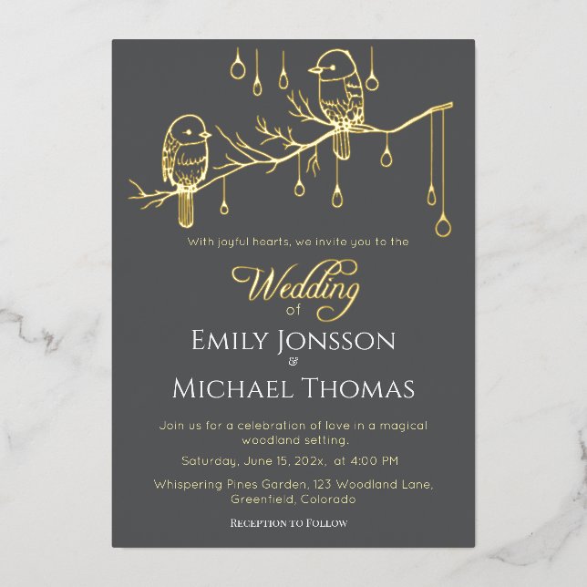 Invitación Con Relieve Metalizado Rústico Boda romántico de los pájaros de los bosqu (Anverso)