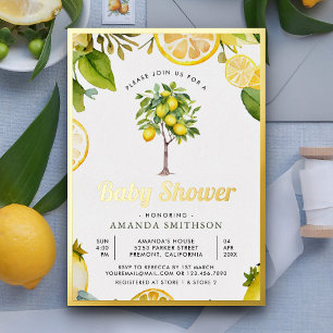 Invitación Con Relieve Metalizado Rústico Citrus Lemon Tree Baby Shower Gold