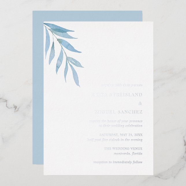 Invitación Con Relieve Metalizado Rústico Dusty Blue Botanical Elegant Wedding (Anverso/Reverso)