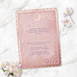 Invitación Con Relieve Metalizado Rústico Papel Picado Rosa Dorado Quinceañera<br><div class="desc">Esta moderna invitación a la quinceañera presenta un fondo rústico rosado, un marco de inspiración de papel picado en un Relieve metalizado dorado de rosa alto con una tipografía elegante. "mis Quince años" y el nombre de su hijo también están en Relieve metalizado elevado. ¡Este diseño es festivo, femenino y...</div>